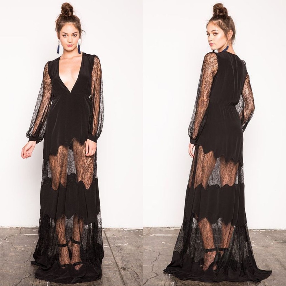 Stone Cold Fox Friar Long Sleeve Lace/Silk Gown - Picture 1 of 11